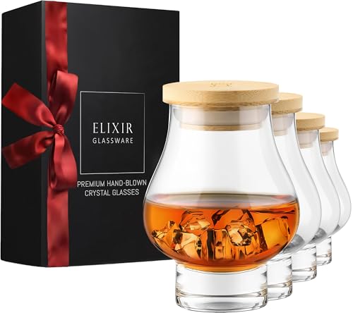 ELIXIR GLASSWARE Snifter Glass with Bamboo Lids, Set of 4-7.4 oz - Glasses for Neat Bourbon, Whiskey, Brandy & Cognac - 4 Pack of Sipping & Tasting Snifters for Fine Spirits