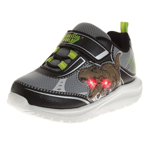 Jurassic World Sneakers with Easy Strap - Dinosaur T-Rex Shoes Laceless Closure Lightweight Jurassic Park Sneaker - Black Grey (Size 12 Little Kid)