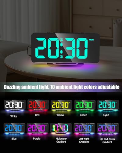 Goxiry Wecker Digital, 7-Zoll-LED-wecker, 10 Farben LED Digitalanzeige,Snooze, Helligkeit und Lautstärke Regelbar, Digital Uhr Netzbetrieben, 12/24HR