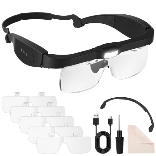 Lupenbrille mit Licht Vergrößerungsbrille mit 3 LED-Leuchten und 2 Einstellbaren Helligkeiten Geeignet für Lupenbrille für Brillenträger Stirnlupe mit 5 Linsen 0 75X 1 25X 2 0X 3 0X 4 0X