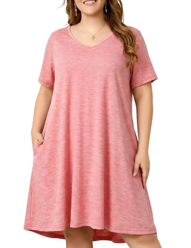 Image of OVERWORETY Womens Short Sleeve Plus Size T-Shirt Dress V Neck Casual Loose Swing A-Line Summer Tunic Dresses with Pockets