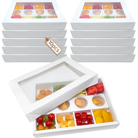 10pk 8-Grid Pastry Snack Bowl w/Lid White Cardboard, Organized Divided Tray box w/Sauce Cup Holder, Oil-proof Fruit Bite Box, Disposable Bakery Takeout Container 12.5x9x2in Cover