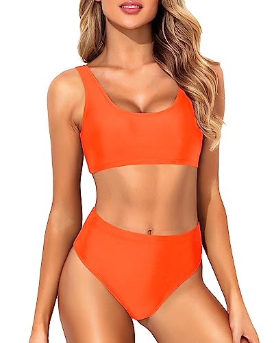 Image of Tempt Me Women Two Piece Scoop Neck Bikini Crop Top High Cut Swimsuit Sporty High Waisted Bathing Suit with Bottoms
