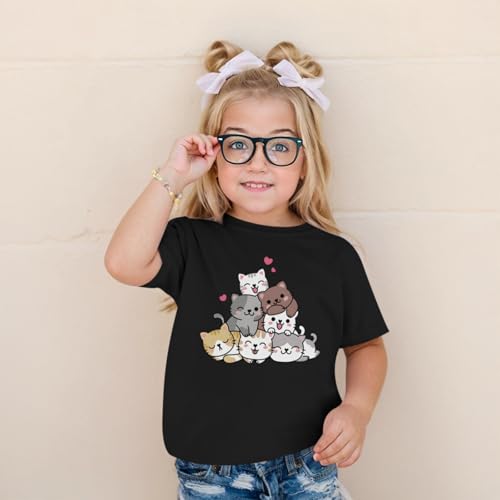 Image of KEEVICI Cute Cartoon Cat Shirts for Girls Kids Graphic Tees Kawaii Animal Pattern T Shirt Cotton Crewneck Summer Loose Tops