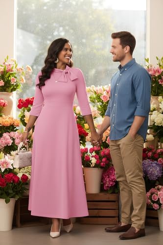 Image of FANDEE Maxi Dress for Women Long Elegant 3 /4 Sleeve Bow Tie Neck A Line Casual Party Church Dresses with Pockets