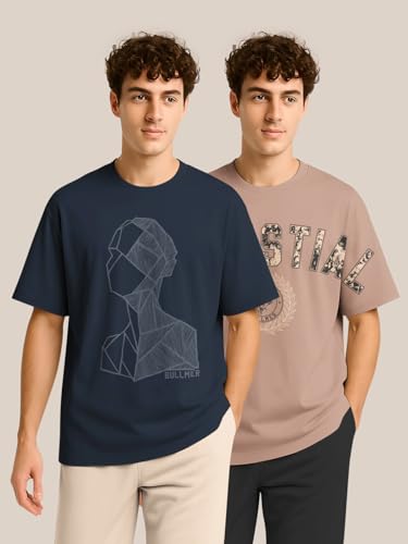 Image of BULLMER Trendy Half Sleeve Oversized Cotton Blend Crew Neck Tshirt for Men - Pack of 2