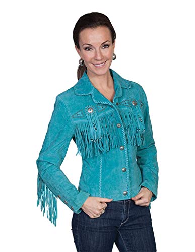Scully Women's Fringe and Beaded Boar Suede Leather Jacket Turquoise Small