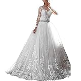 Awishwill Women's Vintage Lace Applique Wedding Dresses 2021 Long Sleeves Beaded Bridal Gowns Ivory,14