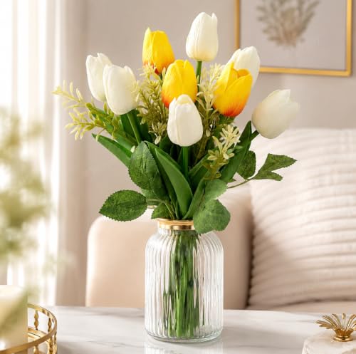 Image of Divyakosh Artificial Flowers Bunch (Vase Not Included). Artificial Flower for Vase Flower Bouquet Gift White & Yellow Mix Artificial Tulip Bouquet for Living Room Office Dining Table