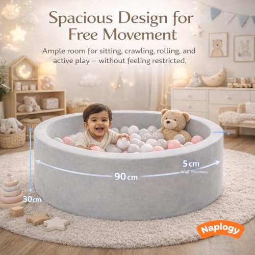 Image of Baby Toys Foam Ball Pit, Baby Toy for Kids Playing Items Indoor, Baby Boy Toys & Baby Play Area Indoor Setup, 90 x 90 x 30 cm Soft Ball Pool for Kids, Happy Grey, Balls Not Included