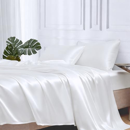 Image of MR&HM Satin Bed Sheets, Queen Size Sheets Set, 4 Pcs Silky Bedding Set with 15 Inches Deep Pocket for Mattress (Queen, White)