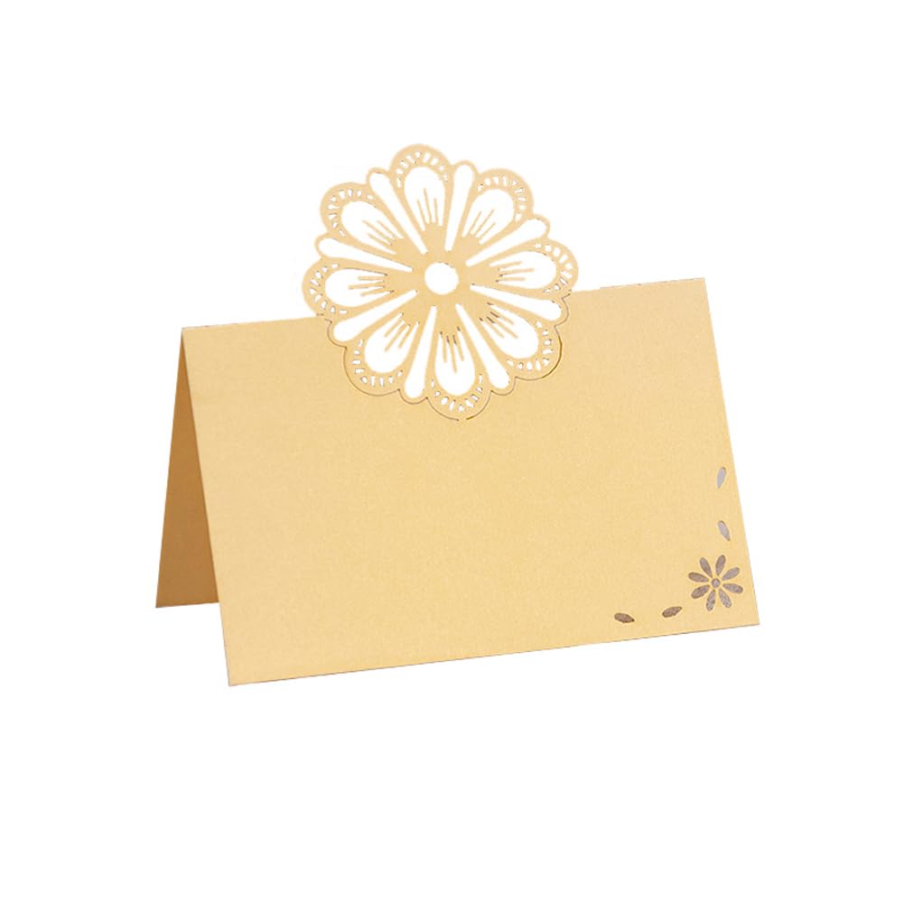 KOSTOO Table Card for Wedding Bride Shower Dinner, Reception, Banquet, Buffet Food, Seating Place Cards for Tables, Scored for Easy Folding, Hollow Flower Design, 50 Pack (Platinum)