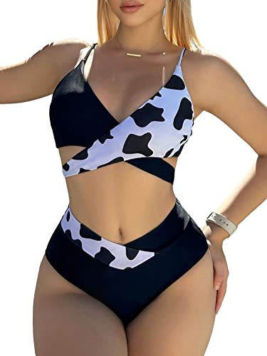 WDIRARA Women's 2 Piece Swimsuit Set Cow Print Criss Cross Wrap Spaghetti Strap High Waisted Bikini Set