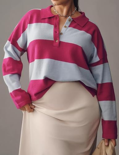 Image of Womens Striped Sweater Rugby Polo Shirts Y2k Collar Pullover Tops | Rugby Shirt,Long Sleeve Knit Top,Lapel V Neck Jumper,Oversized,Casual Outings Streetwear,Preppy Sweater,Fall Winter Clothes