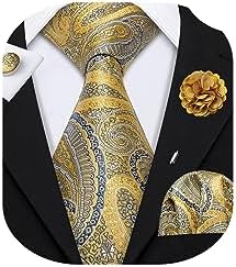 Barry.Wang Man Tie Set Paisley Silk Pocket Square Cufflinks Necktie Sets Designer Wedding Party