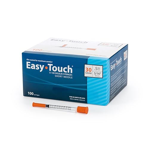 Image of Easy Touch 30 Gauge U-100 Insulin Syringes (30G 0.5cc 5 /16 inch) with 5 /16 inch Short Needle, 0.5cc (50 Unit Capacity), Bold Markings for Accurate Dosing, Disposable, Box of 100