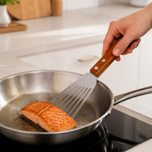 Image of Maine Man Angled Fish Spatulas, 18 /8 Stainless Steel Blades, For Delicate Foods, Draining Liquids, And Everyday Cooking, Set Of 2
