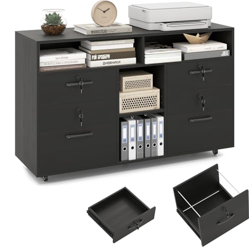 KOMFOTTEU Armario Archivador con Ruedas, Cajonera Escritorio con Cerradura con 4 cajones, Soporte para Impresora con Estante Ajustable para Carpetas A4/Carta para Oficina, 104 x 35 x 65,5 cm (Negro)