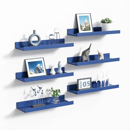 Image of upsimples Floating Shelves for Wall, Wall Shelves for Decor Storage Set of 6, Wall Mounted Wood Shelf for Bedroom, Living Room, Bathroom, Kitchen, 15.7 inch Long Picture Ledge Shelf, Navy Blue