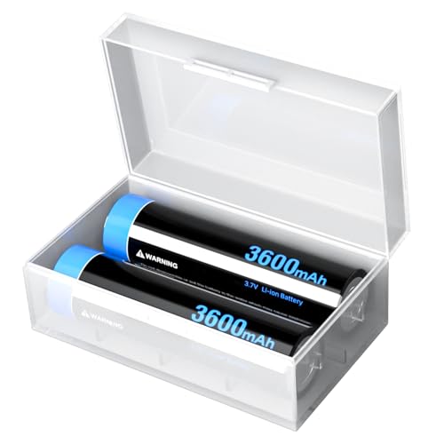 LCLEBM 2 Packs 3400mAh Flat Top 3.7V 20A Rechargeable Battery with 1 Bay USB Charger and Storage Holder Case for Fan Spotlight Flashlight,Camera and More