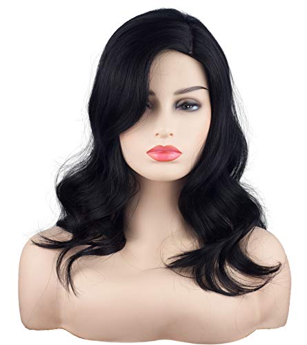 Natural Black 16 Inch Shoulder Length Wavy Wigs For Black Women Side Part Wigs For White Women Mid-Length wig Natural Looking Synthetic Curly Hair Wigs Heat Resistant (Natural Black)