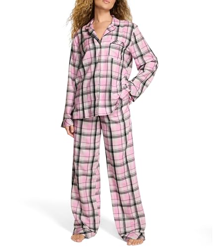Victoria's Secret Flannel Pajamas, Long Sleeve Button Down & Pant Set, Sleepwear for Women, Pink Plaid, M