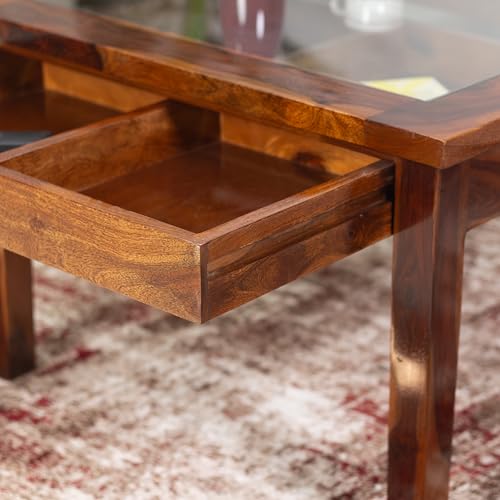 Image of Solid Sheesham Wood Coffee Table for Living Room | Center Table with Clear Glass Top and Large Storage Drawer | Premium Wooden Teapoy | Honey Finish | Fully Assembled | (70 x 70 x 46 CM)
