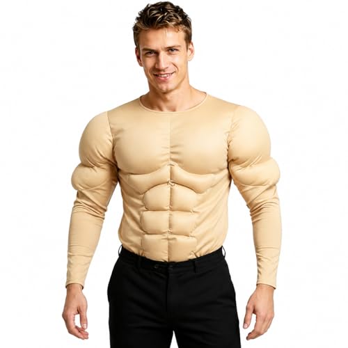 SINZHU Muscle Suit Costume, Realistic Padded Muscle Shirt with Easy-Access Back Zipper Instant Heroic Silhouette for Cosplay and Wrestler Outfits for Halloween Birthday and Themed Party