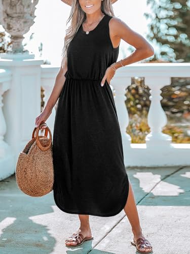 Image of CUPSHE Women Knit Summer Dress Cover Up Crew Neck Elastic Waist Side Slit Midi Casual Sundress Beach Cover Up Dresses