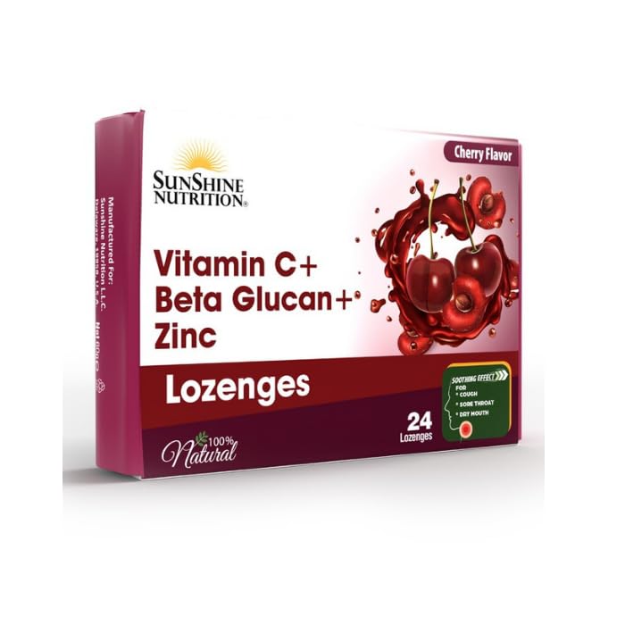 Sunshine Nutrition Vitamin C+ Beta Glucan+Zinc Lozenges Cherry Flavor | To Treats Sooths Cough, Sore Throat & Dry Mouth | 24 Lozenges