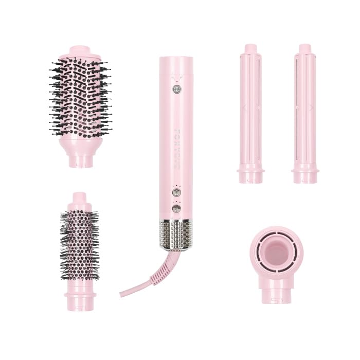 FoxyBae Super Styler Pro Interchangeable Hair Styler Wand Curling Iron Set - w/Drying Cylinder Ceramic Blowout & Round Brushes 2 Auto-Wrap Curlers - Frizz-Free Smooth Hair (Blush)
