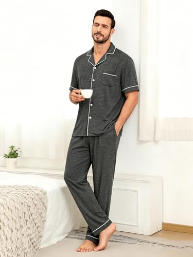 Image of Men's Short Sleeve Pajama Set, Soft Cotton Button Down Sleepwear Top & Long Pants, Loungewear PJs with Pockets S-XXXL
