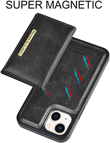 Image of PULOKA Wallet Back Case - Compatible with iPhone 13 - Vegan Leather Phone Cover - Detachable Card Holder Case with Kickstand - Shockproof, Anti Scratch & Raised Edges for Protection - Black