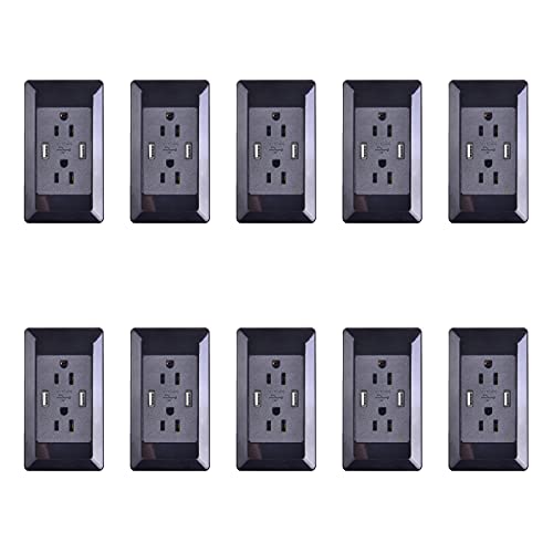 Greencycle Black USB Outlets Receptacles,15 Amp 4 in 1 Electrical Outlets with 2A 5V USB Charger Ports, Duplex Receptacle 125V AC,Srewless Wall Socket Plates, ETL Certified,10PK