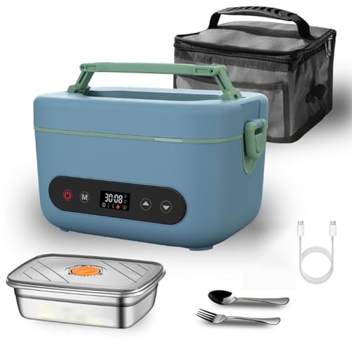 Calentador De Comida Portatil Electrico, Fiambrera Acero Inoxidable Electrica 1,2l Con Bolsas Aislamiento Y Cubiertos Fiambreras Comida Trabajo Para Comida Para Coche, Camión, Oficina (Azul verde)