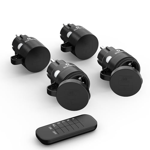 sonero prese radiocomandate con telecomando, set da esterno, 2300 Watt, 230V, 4 x presa con radiocomando, IP44, portata 30m, risparmio energetico, nero