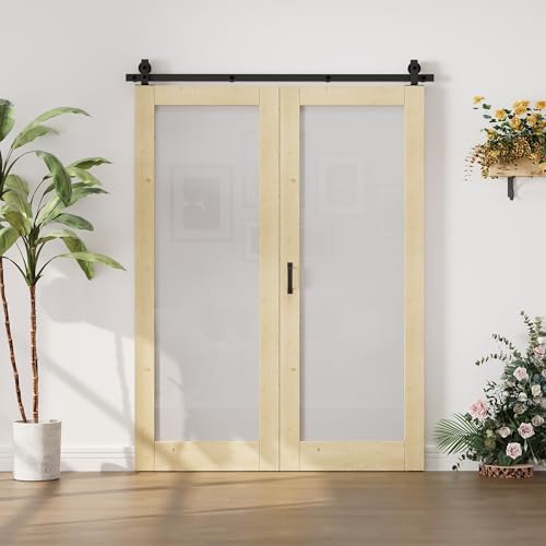 Image of 48 inchx80 inch 1-Lite Frosted Glass Bifold Barn Door with 64 inch Track Kit, Pine Slab