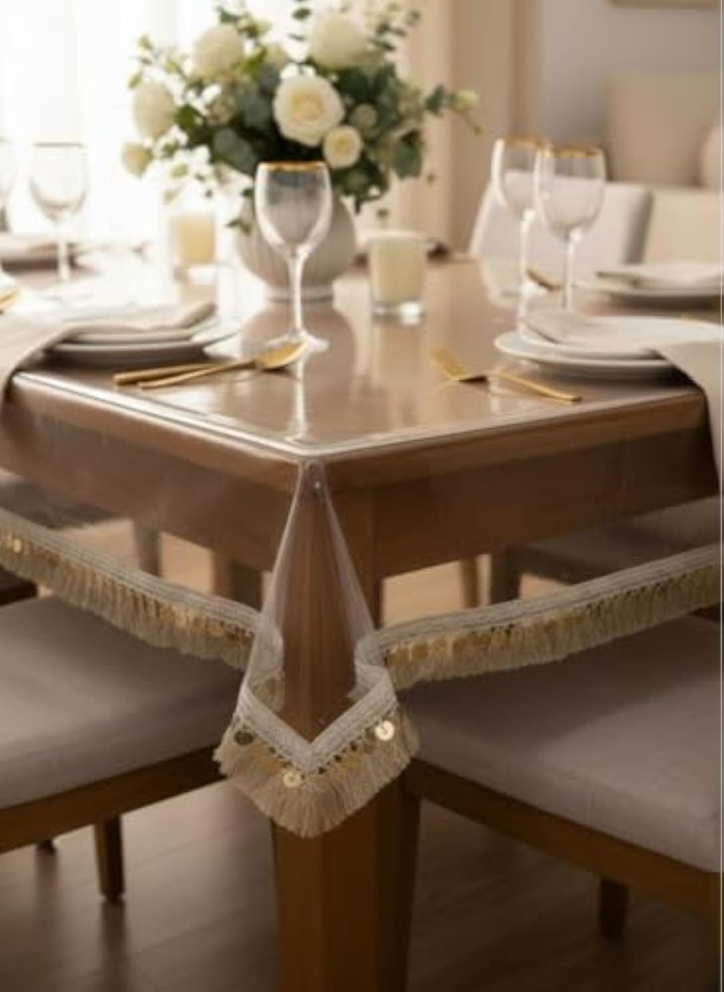 Luxury PVC Clear Table Cover with Decorative Sequin Lace Border