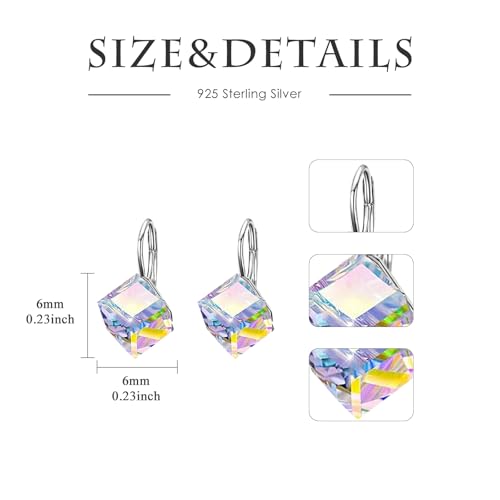 AOBOCO Sterling Silver Leverback Earrings Embellished with Crystals from Austria, Hypoallergenic 8mm Cube Crystal Square Earrings, Fine Anniversary Birthday Jewelry Gifts for Women 5