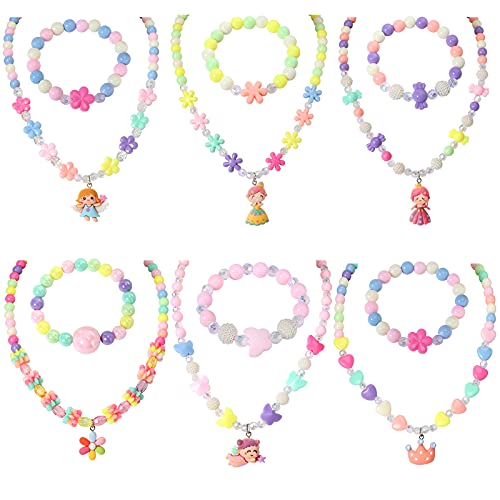 Pinkgarden Princess Jewelry Set for Kids, 6 Sets Necklace Bracelet for Little Girls Pretend Play and Princess Dress up, Girl's Gift for Age 3 4 5 6 7 9 10 11 12 Years