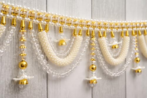 Image of Premium Pearl Beaded Door Toran with Golden Bells | 3 Feet Traditional Bandhanwar for Main Door, Mandir & Wedding Decoration | Elegant Hanging for Diwali & Griha Pravesh