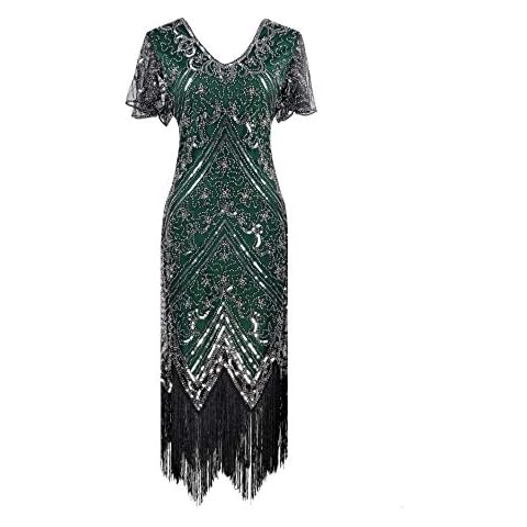 Vintage Women's Flapper Dresses 1920s Sequin Beaded Fringed Great Gatsby Dress (US 8-10, Style 1 Silver Green) Cover