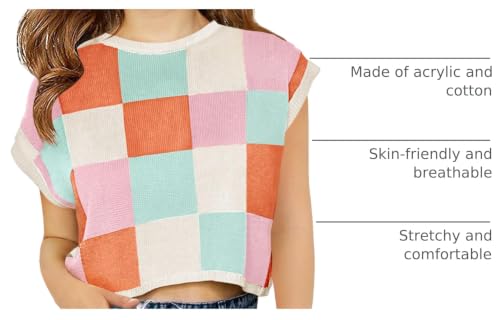 Image of Haloumoning Girls Summer Crop Tops Color Block Vest Cute Tanks Cap Sleeve Tee Loose Kids Knit Top 5-14 Years