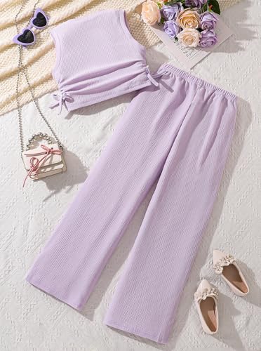 Image of Girls Summer 2 Piece Outfits Ruched Sleeveless Tank Top and Straight Leg Pant Set
