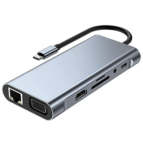 Image of Black-r 11-in-1 USB C Hub Multiport Adapter Aluminum Shell with 1000M LAN Ethernet Port and HDTV 4K, VGA Port, Type-C Port, 4 USB 3.0 Port, Audio Port and SD /TF Card Reader Port Type C Hub
