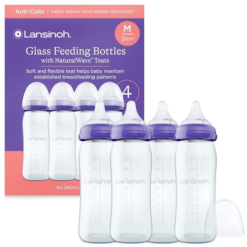 Lansinoh Glass Baby Bottle + NaturalWave Medium Flow Teat with Anti Colic Air Vent - 4 x 240ml - BPA & BPS-Free - Breastfeeding Bottle Feeding: Clinically Proven to Reduce Nipple Confusion