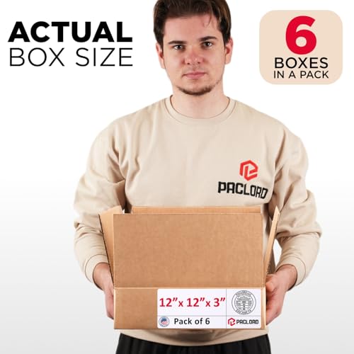 Image of Flat Cardboard Boxes 12 inchL x 12 inchW x 3 inchH (Pack of 6) - USA-Made Packing Boxes for Moving, Shipping, or Storage - USPS, UPS, FedEx Approved - Professional Packing Supplies for Moving