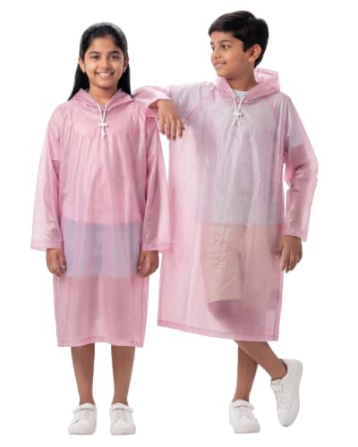 Image of Destinio Raincoat for Kids 6-12 Years, Waterproof Poncho for Kids, Thick PVC Knee Length Raincoat for Boys, Full Sleeve, Hood with Drawstring, Reusable Rain Coat for Girls, School Children