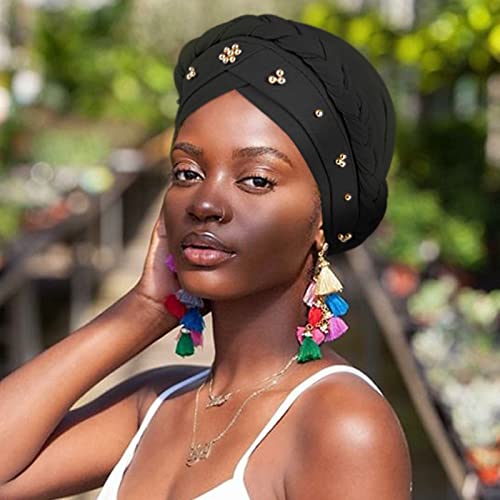 Image of DRESHOW Turban Pre-Tied Twisted Hat Thread African Head Wraps for Black Women Chemo Cancer Cap Braid Hair Cover