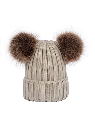 wanture Winter Warm Knit Skull Cap Women's Beanie Hat with Double Faux Fur Pom Pom Ears Beige